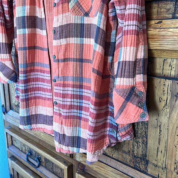 EUC Free People Orange Fall Cotton Plaid Button Down Shirt - Picture 4 of 9